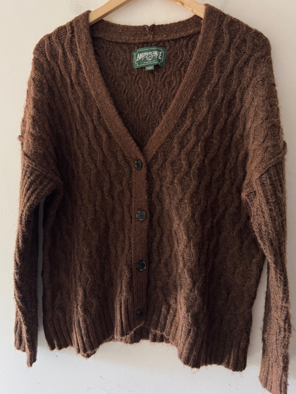 American Eagle Women's Y2K Brown V-Neck Cable-Knit Button Front Cardigan